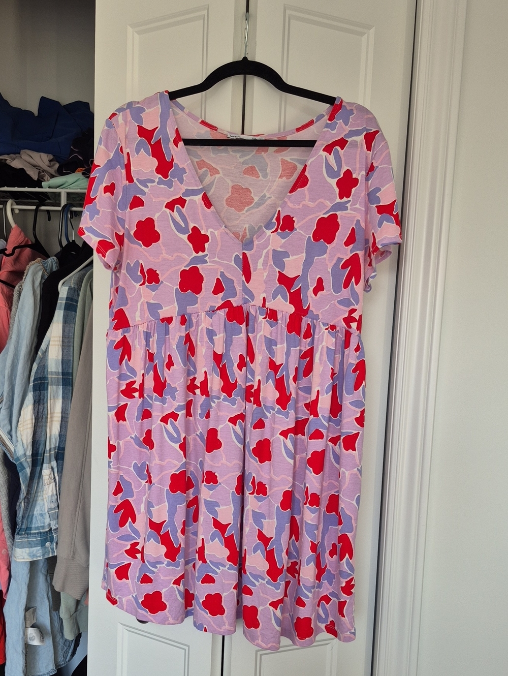 Floral V-Neck Dress - Pink & Red & Purple Xl Leftie